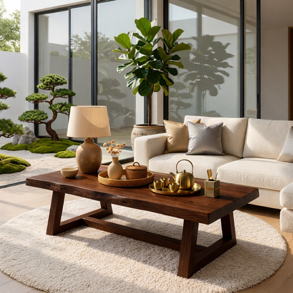 Rustic Solid Wood Coffee Table with Live Edge Top and Trestle Base for Living Room