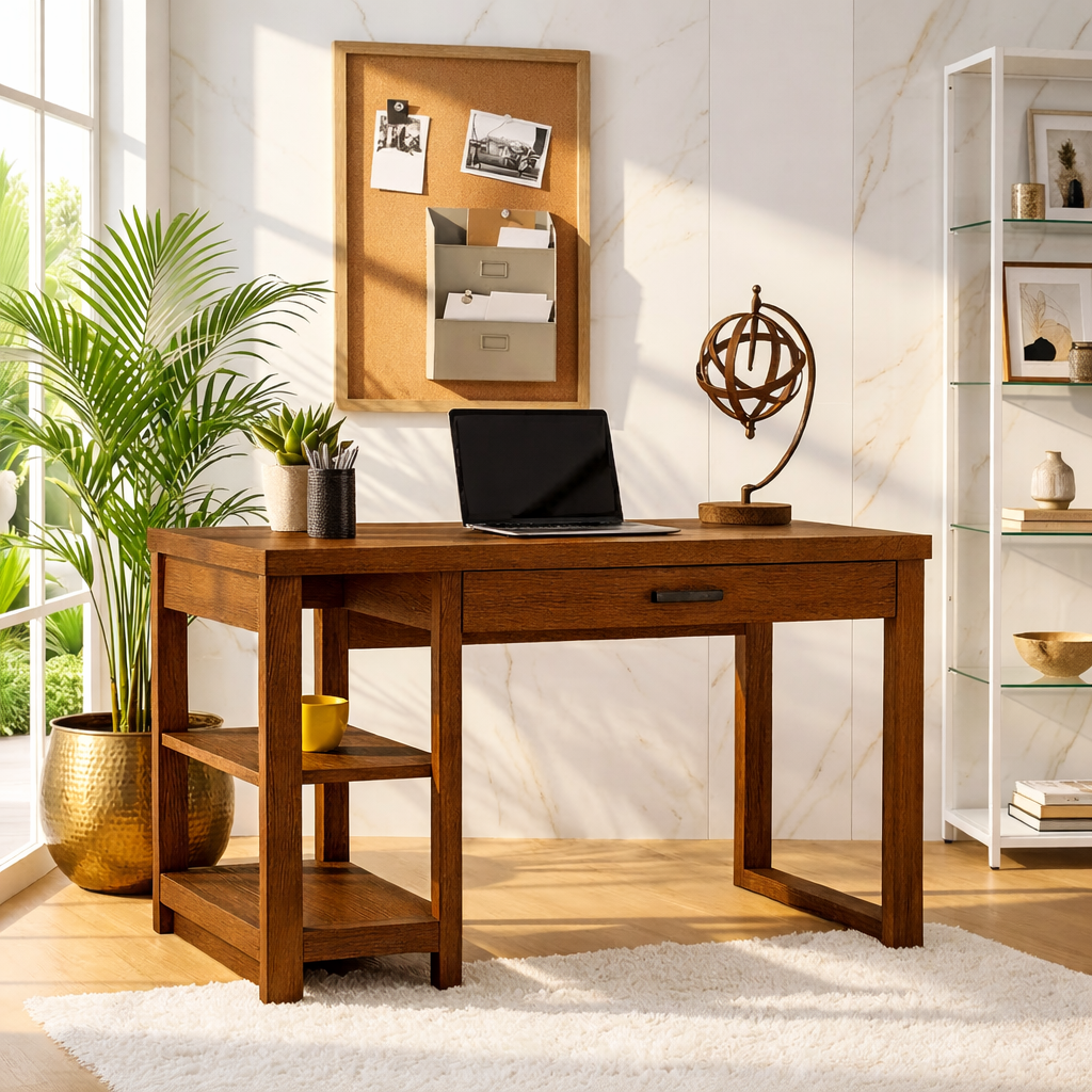 Modern Writing Desk with Shelf and Drawer Home Office Work Table Minimal Design