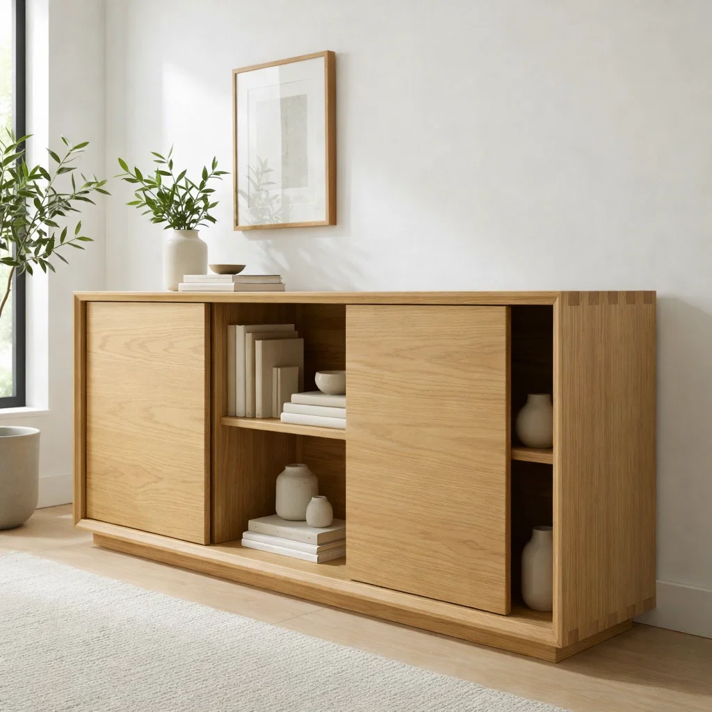 Walnut Console Cabinet with Sliding Doors – Modern Wood Storage Sideboard