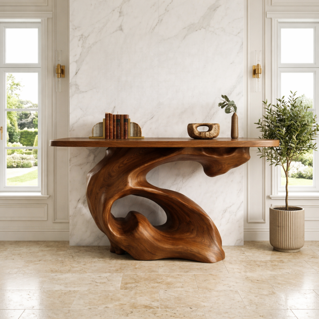 Solid Wood Console Table with Sculpted Organic Base, Artistic Modern Design