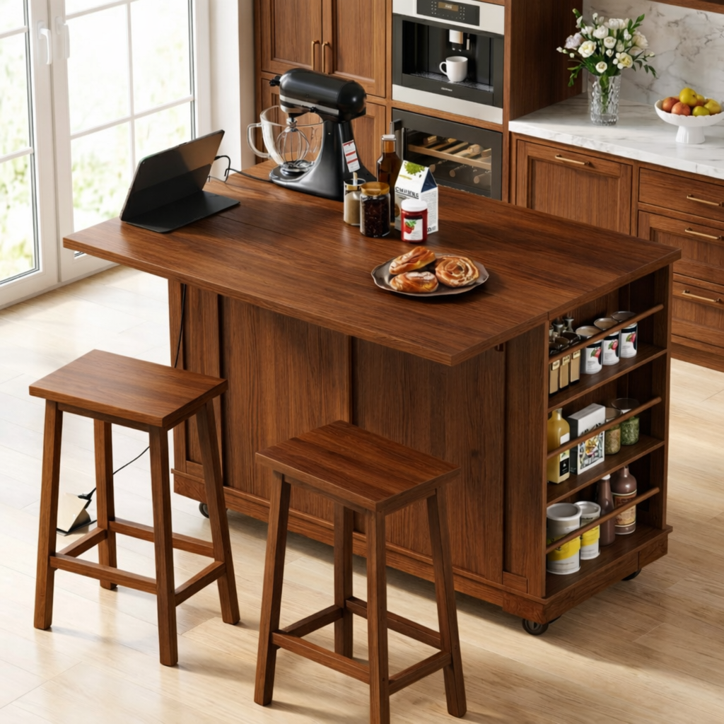 Large Kitchen Island with Side Spice Shelves, Modern Prep Table, Dining Island for Home Kitchen