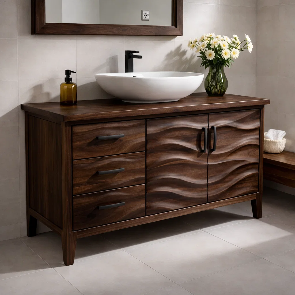 Solid Wood Bathroom Vanity with Wave Design & Drawers β Modern Rustic Base