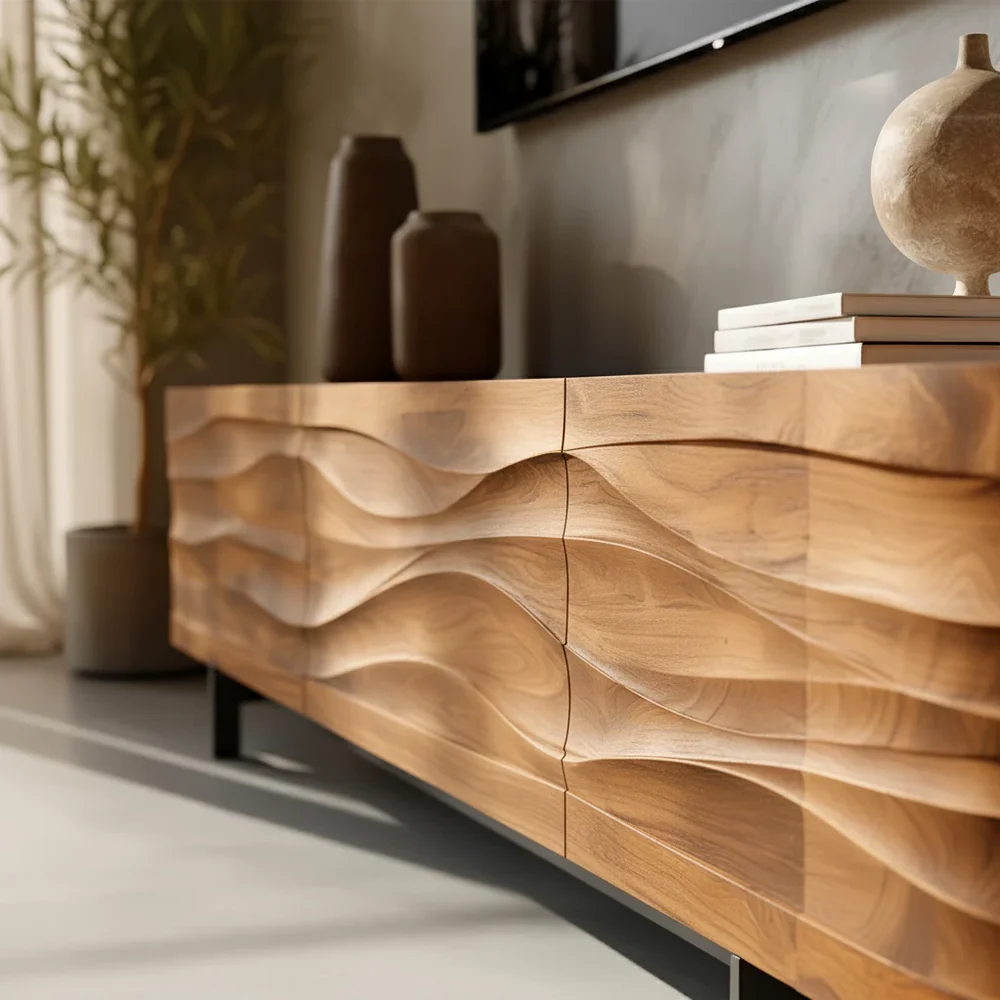 Solid Wood TV Stand Modern Walnut Media Console with Wave Front Design