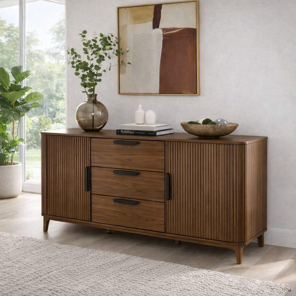Fluted Sideboard Cabinet with Drawers and Doors – Modern Storage Buffet Console