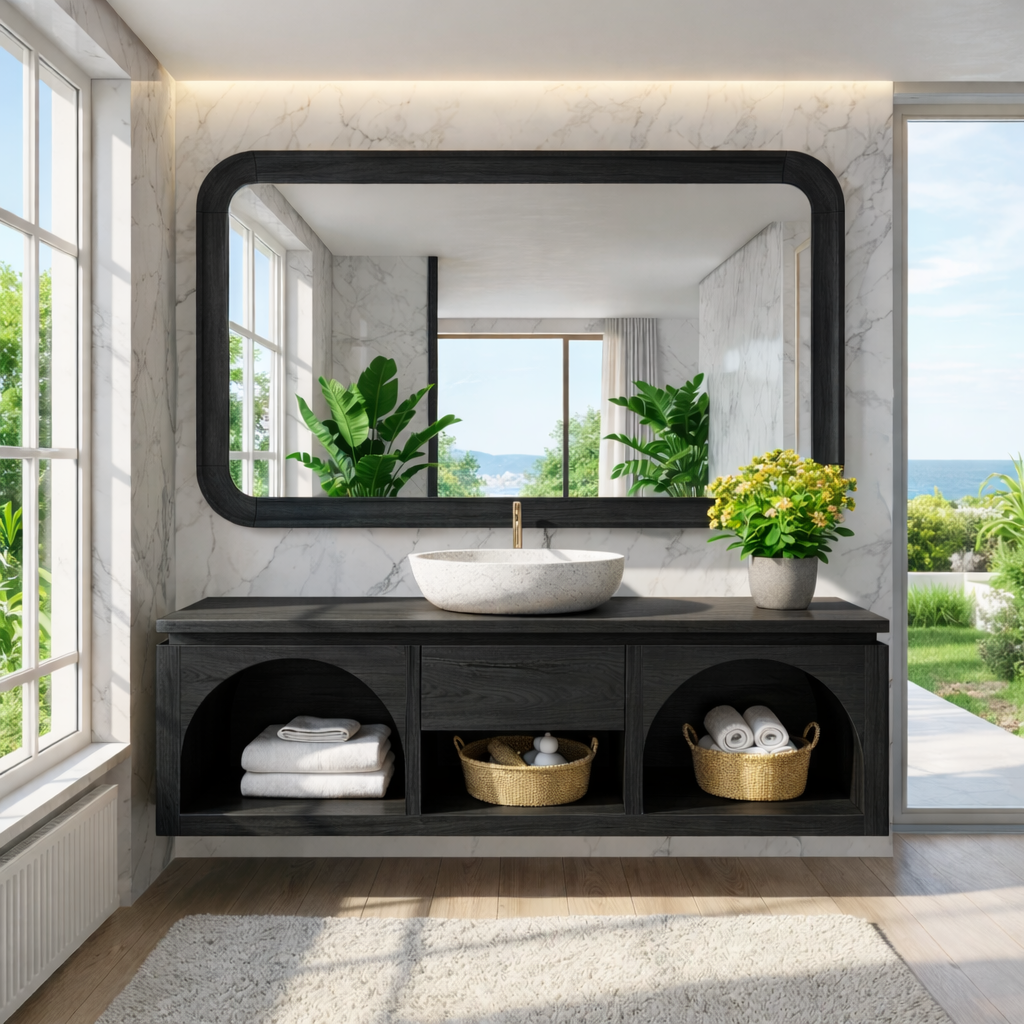 Modern Solid Wood Floating Vanity with Arched Shelves and Natural Finish