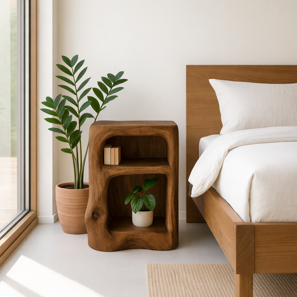 Solid Wood Nightstand with Open Shelves - Natural Live Edge Design