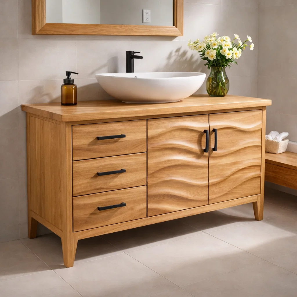 Solid Wood Bathroom Vanity with Wave Design & Drawers β Modern Rustic Base