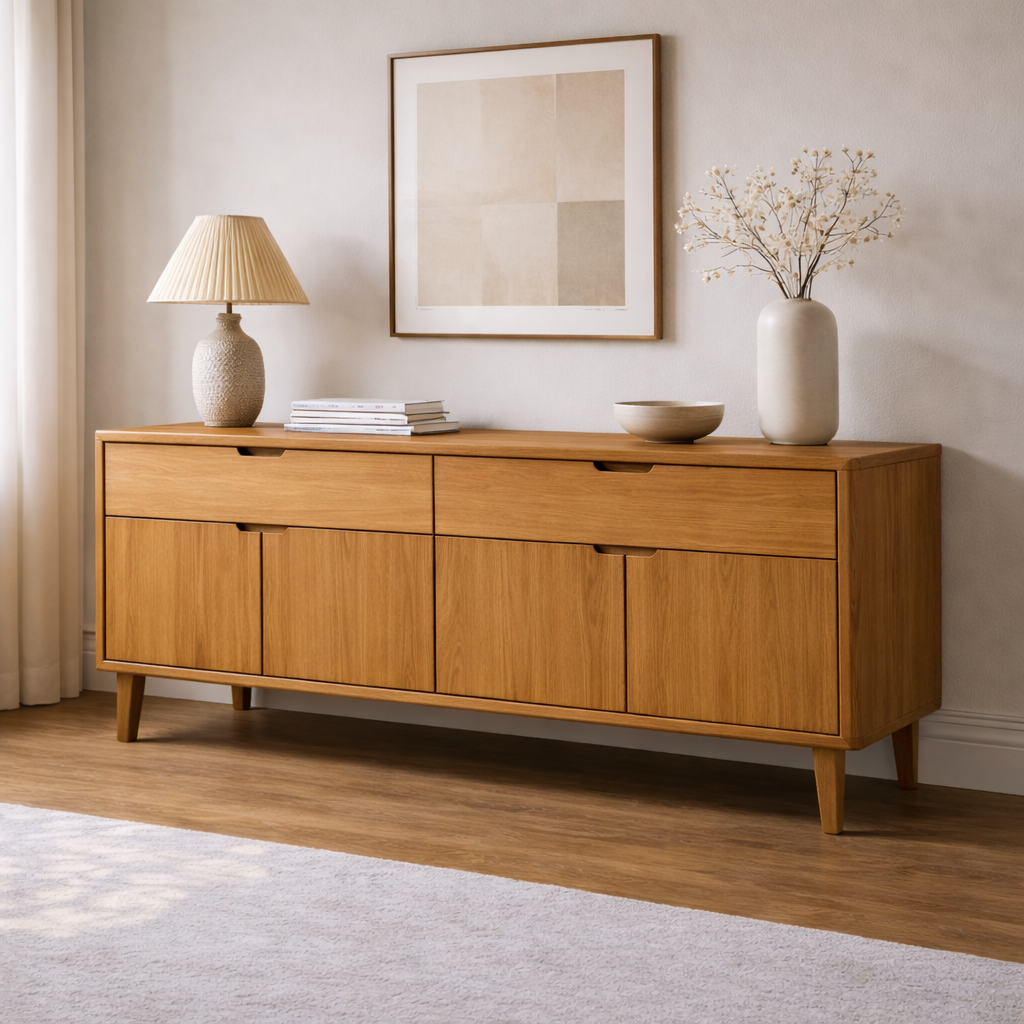 Mid Century Solid Wood Console Cabinet with Drawers and Door Storage