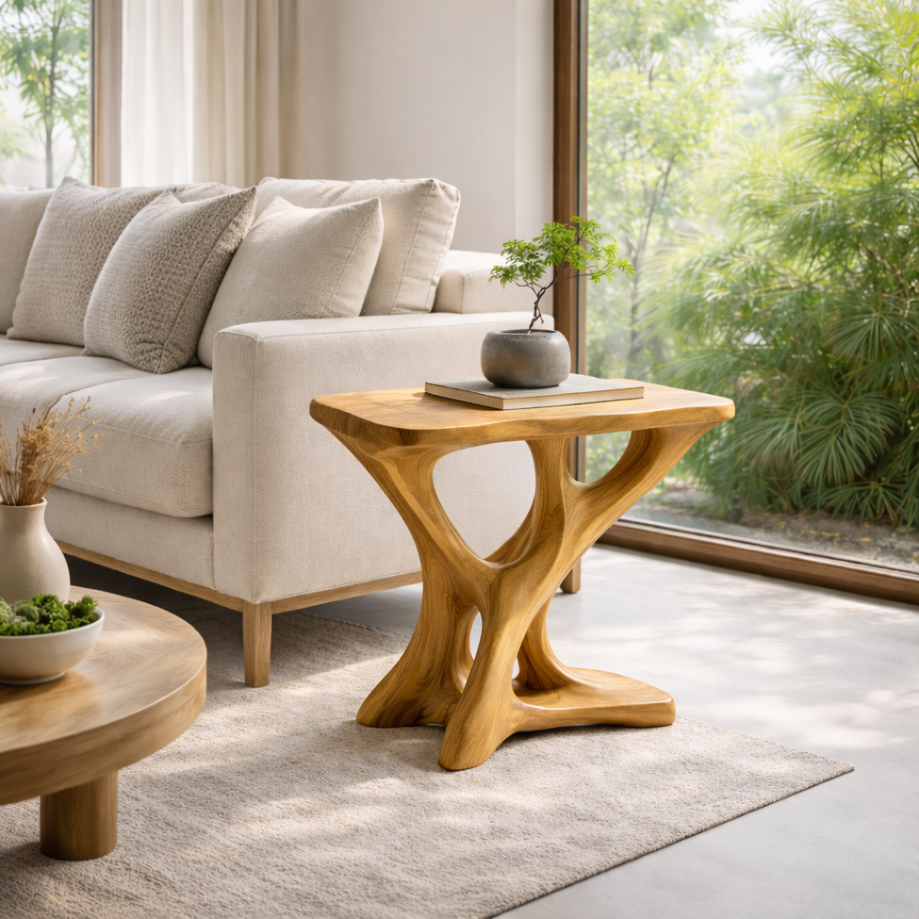 Solid Wood Sculptural End Table – Modern Organic Side Table for Living Room