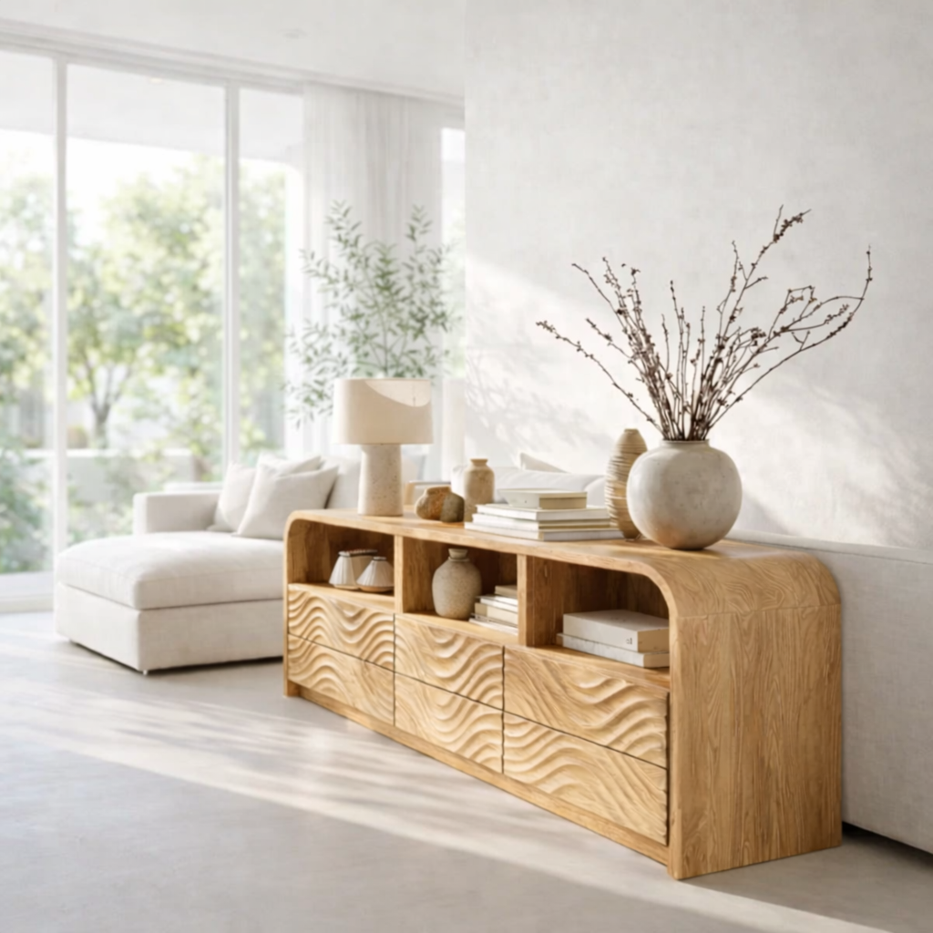 Solid Wood Sideboard Console with Wave Carved Drawers & Open Shelf Cabinet