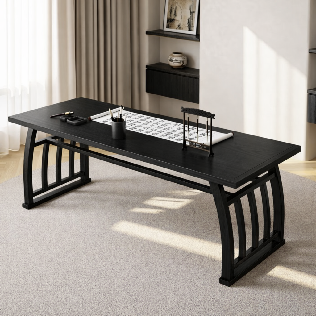 Minimalist Writing Desk, Curved Frame Contemporary Japanese Long Home Office Workspace Table