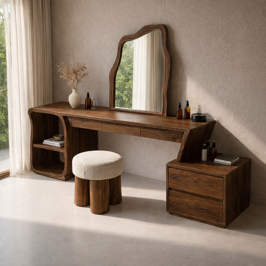 Solid Wood Makeup Vanity with Sculptural Mirror and Storage – Modern Design