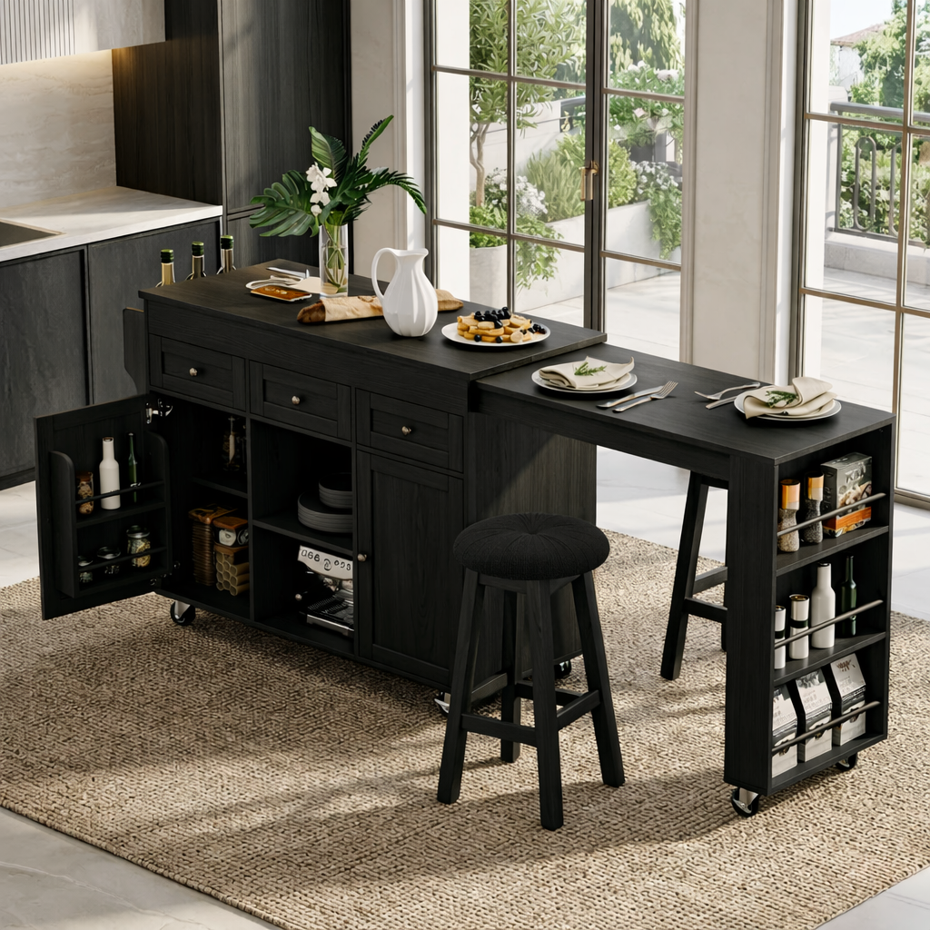 Rolling Kitchen Island with Extendable Dining Table, Storage Cabinet, Modern Prep Cart for Home