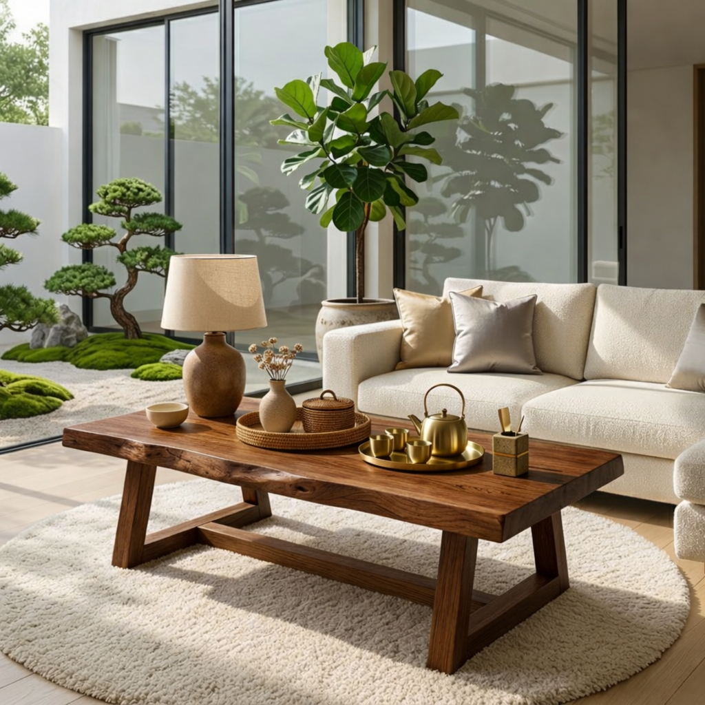 Rustic Solid Wood Coffee Table with Live Edge Top and Trestle Base for Living Room