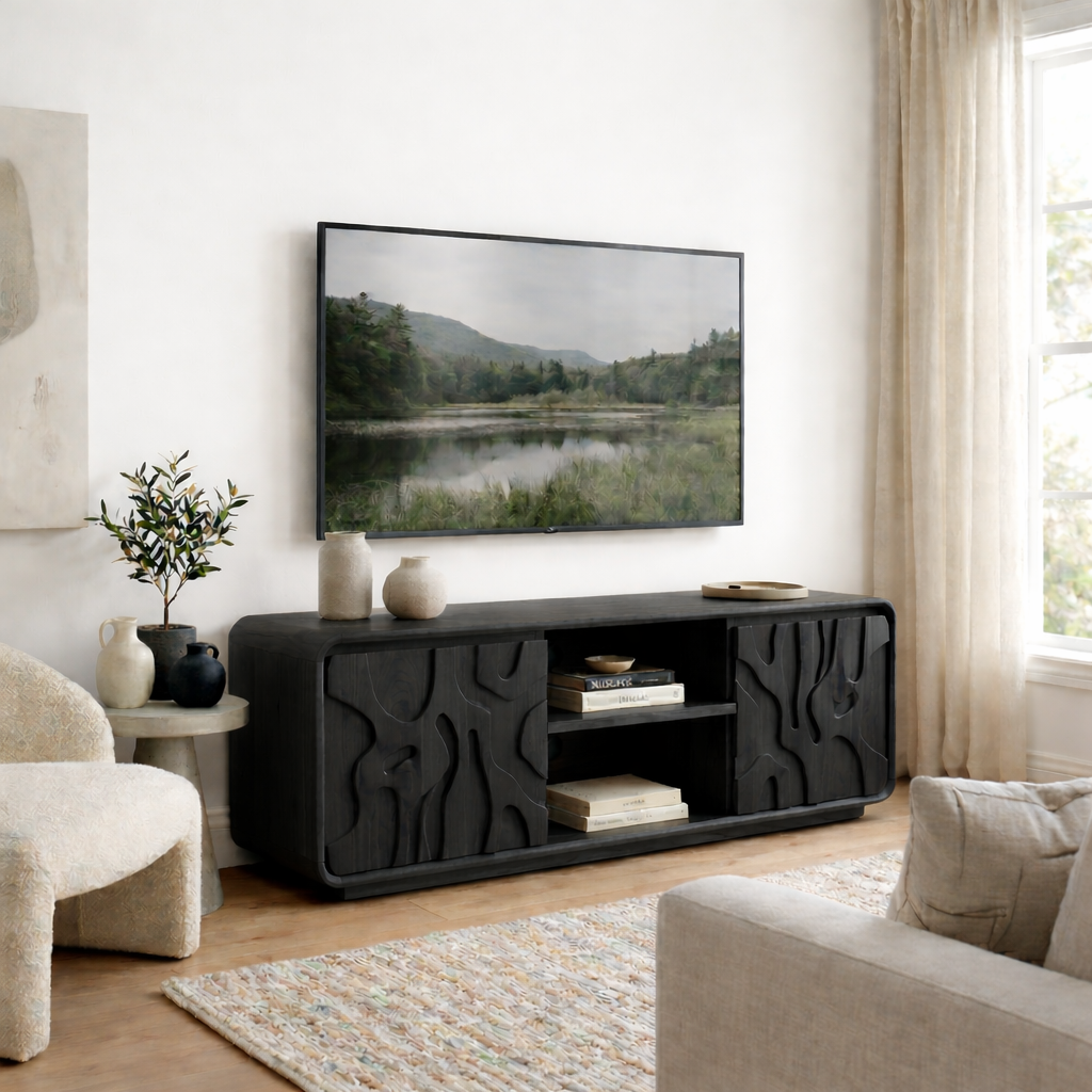 Solid Wood Media Console with Carved Doors, Modern TV Stand with Open Storage