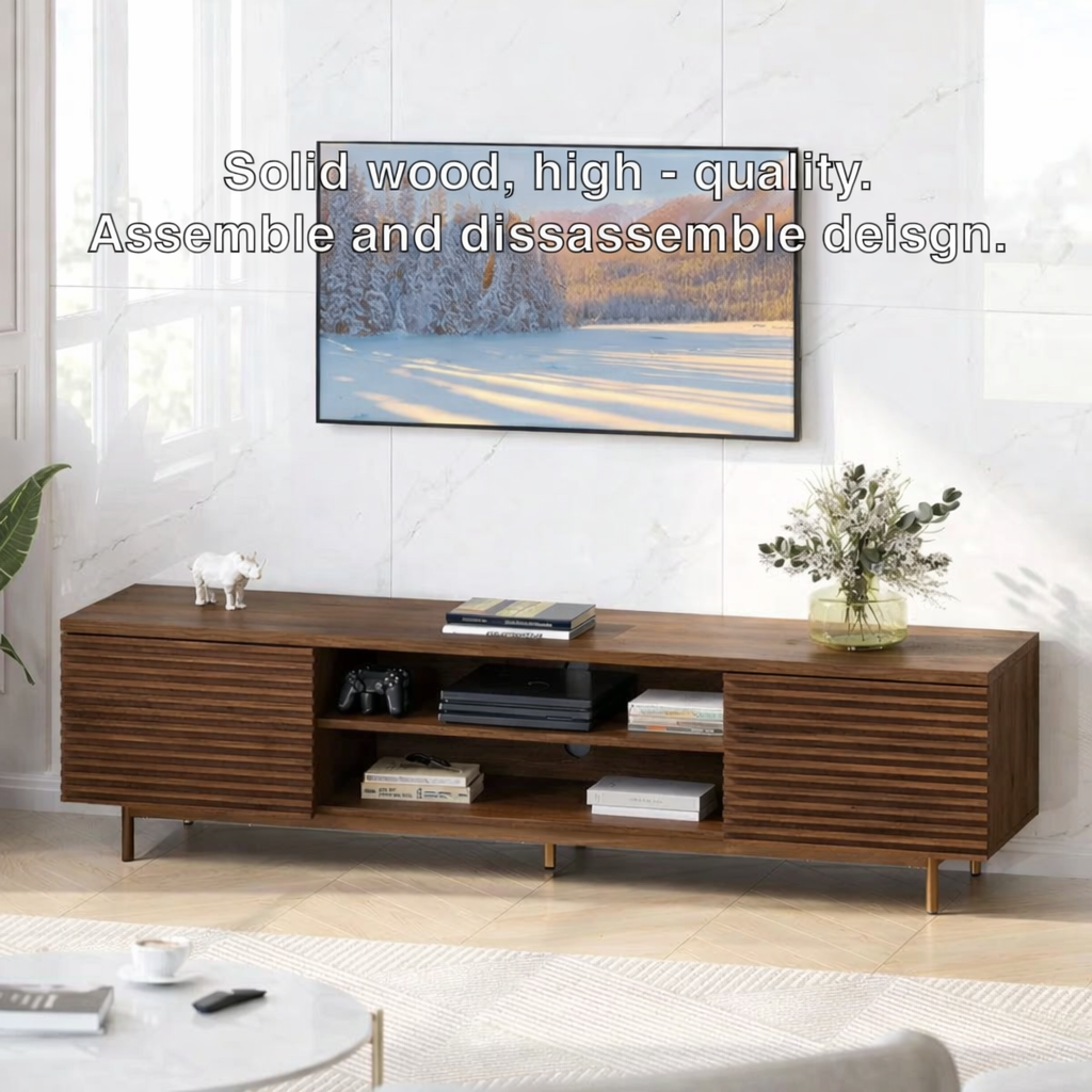 Modern Solid Wood TV Stand with Slatted Panels Open Shelf Media Console Storage