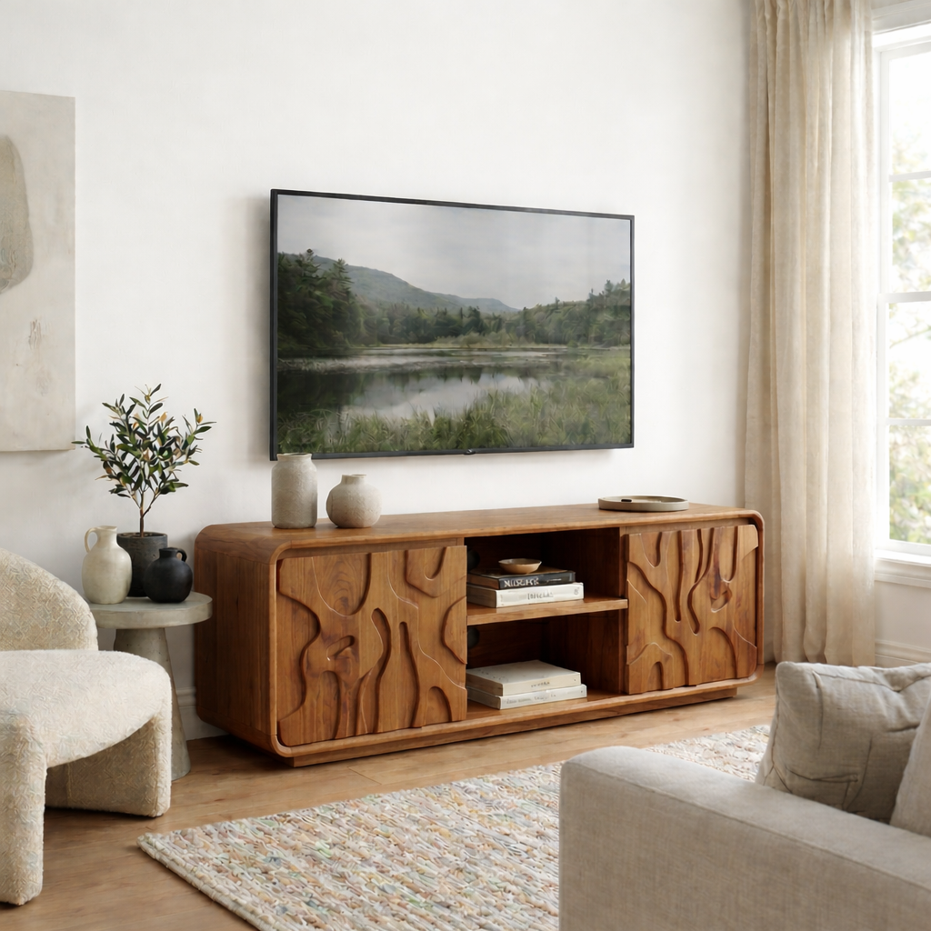 Solid Wood Media Console with Carved Doors, Modern TV Stand with Open Storage