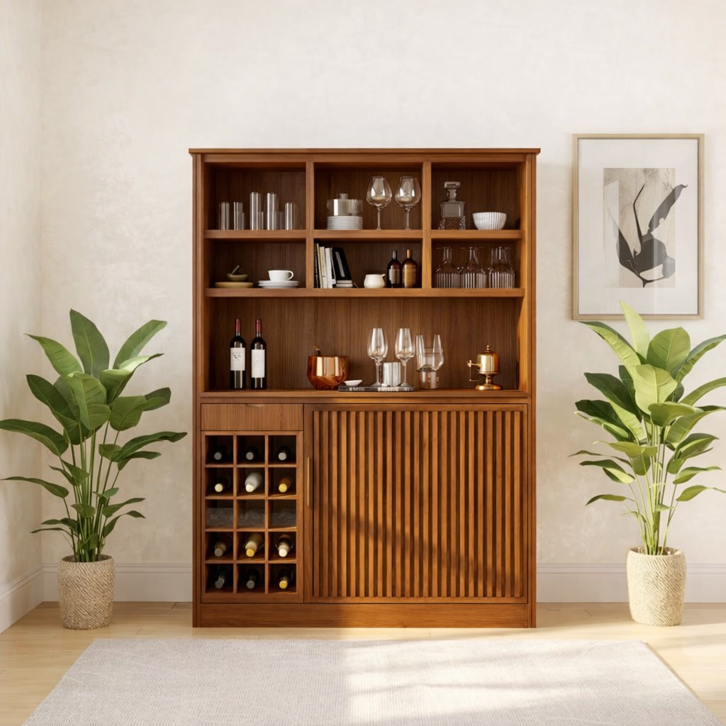 Modern Wine Cabinet with Bottle Rack, Display Shelves and Sliding Door Storage