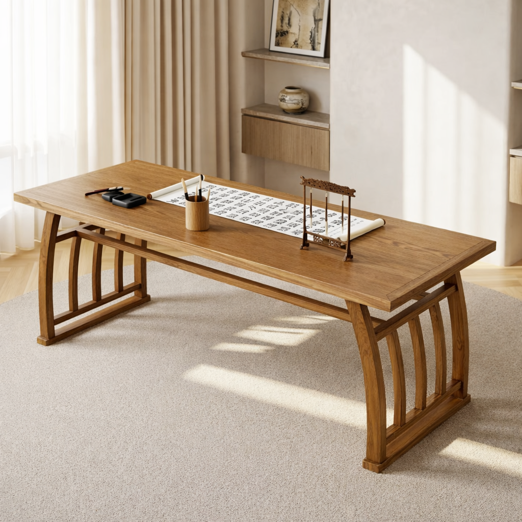 Minimalist Writing Desk, Curved Frame Contemporary Japanese Long Home Office Workspace Table