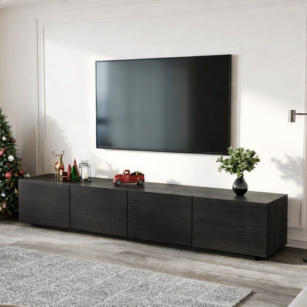 Modern Solid Wood TV Stand Long Low Profile Media Console Minimal Storage Cabinet