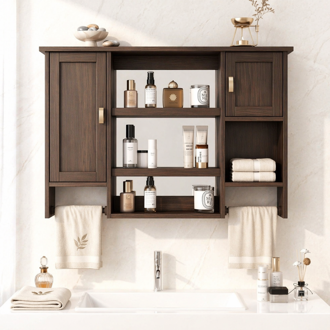 Floating Bathroom Cabinet, Wall-Mounted Vanity Storage Shelf With Towel Bars Unit