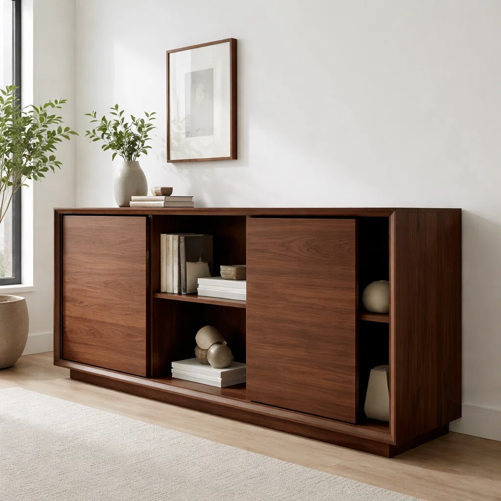 Walnut Console Cabinet with Sliding Doors – Modern Wood Storage Sideboard