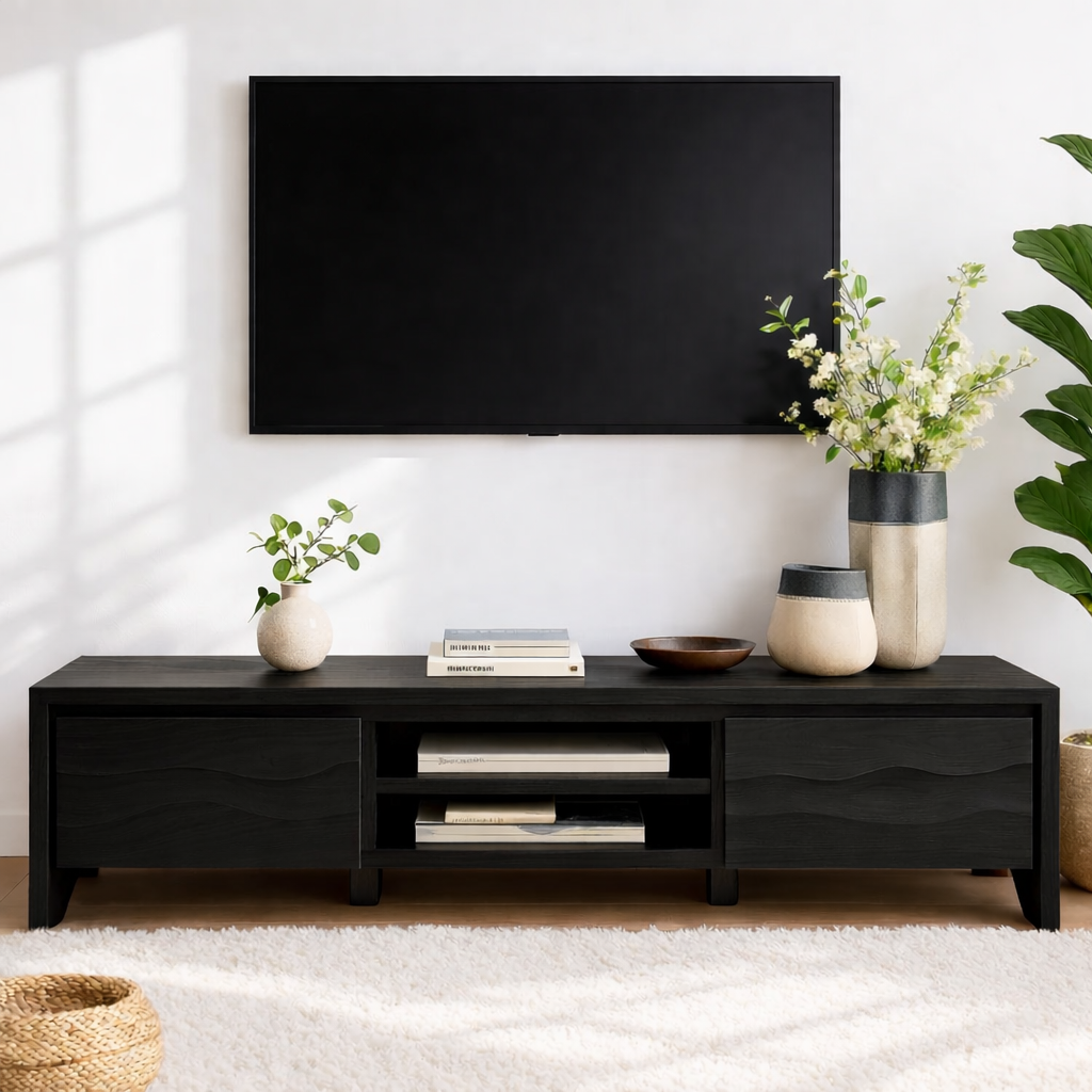 Modern Wave Front Wood TV Stand Long Media Console With Storage and Open Shelf
