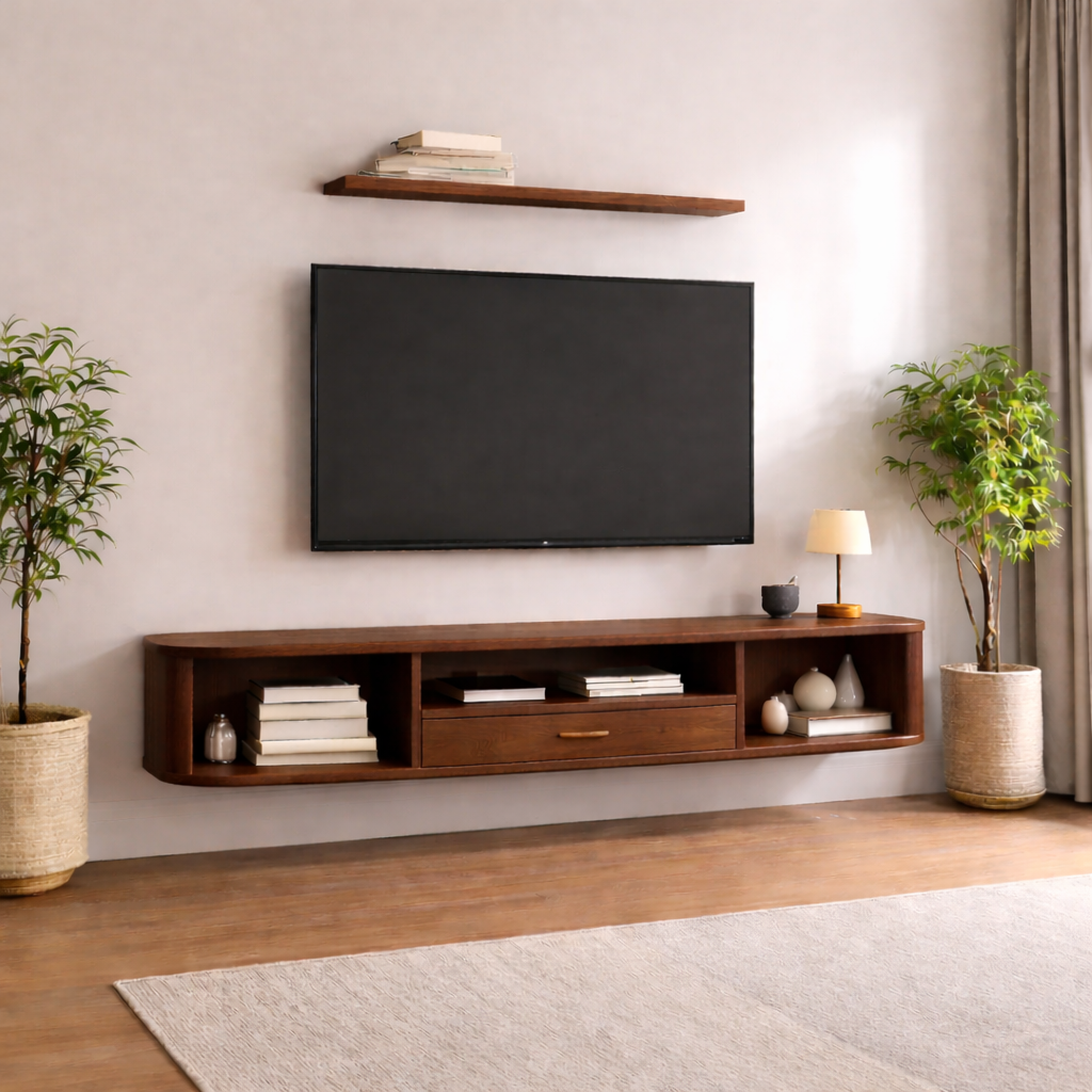 Floating Solid Wood TV Stand with Drawer and Open Shelves – Wall Mounted Media Console
