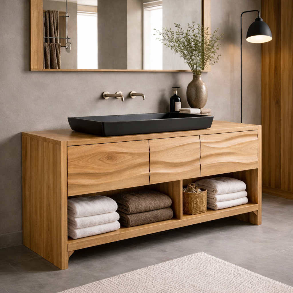 Solid Walnut Wood Bathroom Vanity Cabinet with Drawers & Open Shelf β Modern Vanity Base