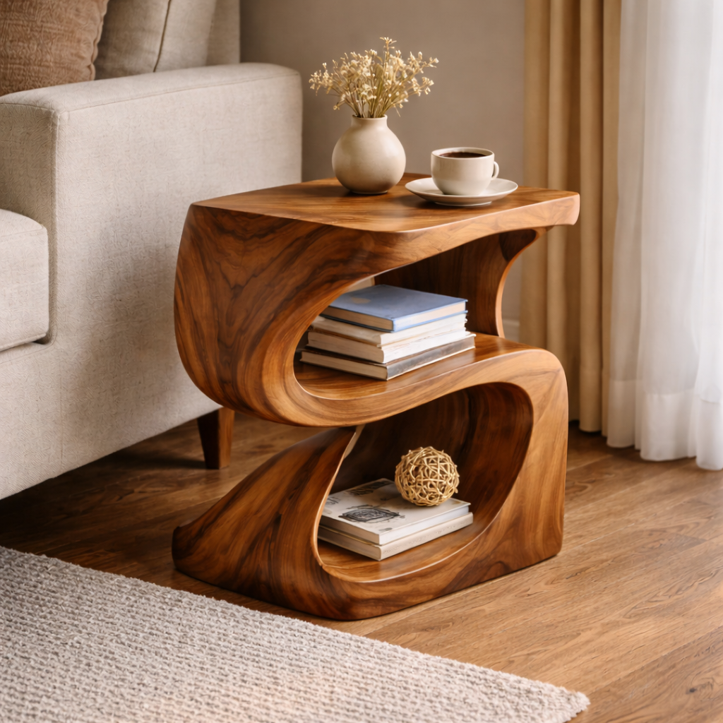 Solid Wood Sculptural End Table with Open Shelf – Modern Curved Side Table