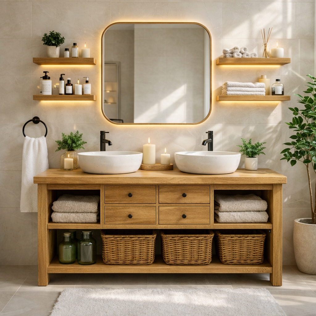 Modern Farmhouse Double Bathroom Vanity Cabinet With Drawers Open Shelf Storage
