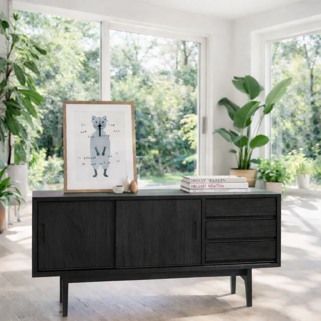 Mid Century Sideboard Cabinet with Drawers and Sliding Doors