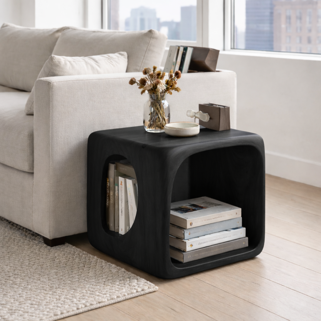 Solid Wood Cube End Table with Storage Shelf – Modern Wooden Side Table