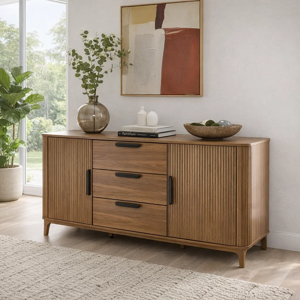 Fluted Sideboard Cabinet with Drawers and Doors – Modern Storage Buffet Console