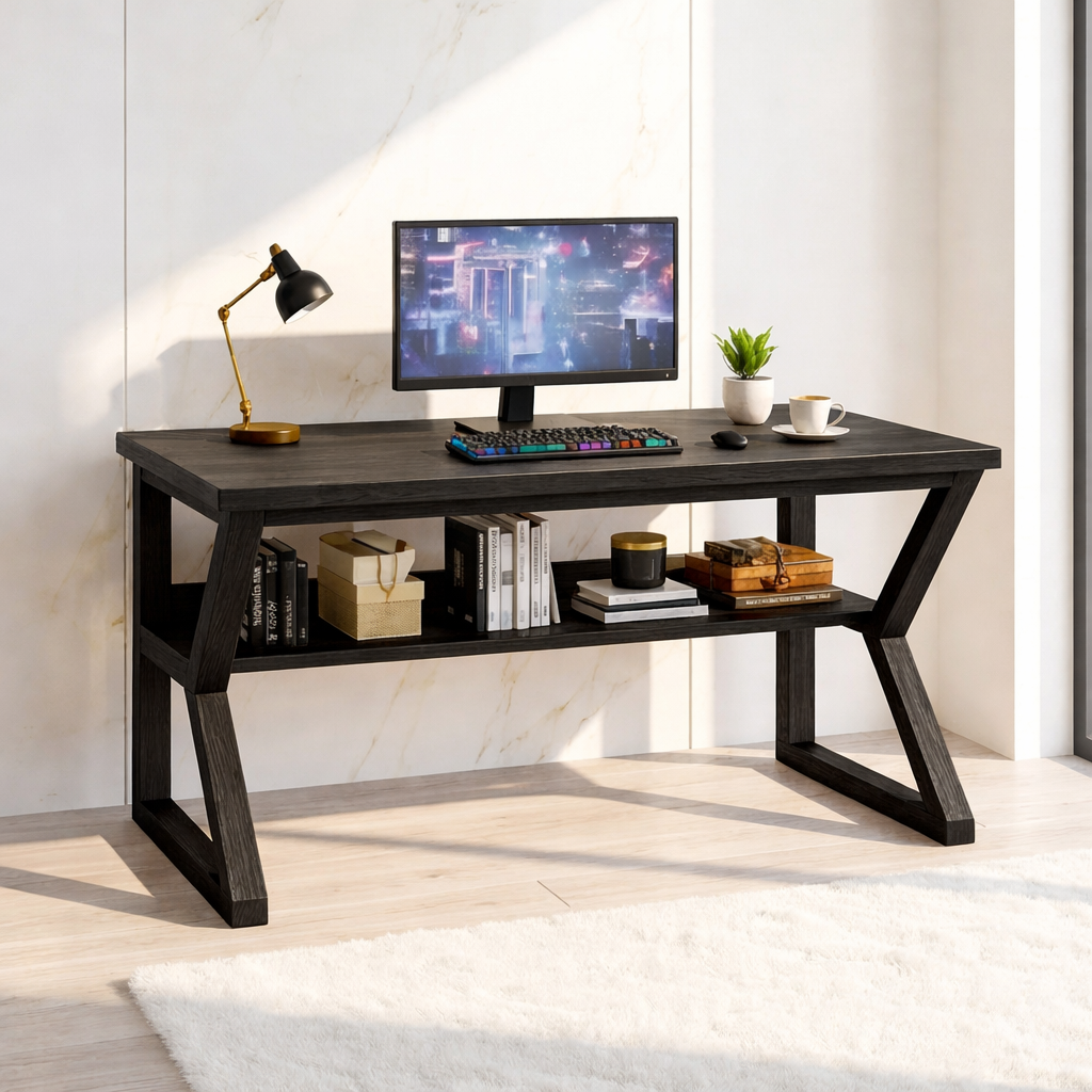 Modern Long Work Desk with Open Shelf Home Office Computer Desk Minimal Design Table