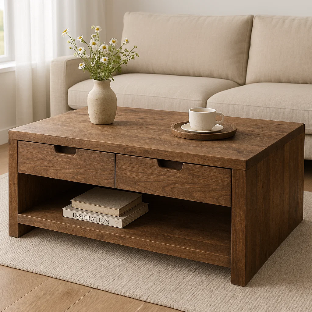 Solid Wood Coffee Table with Drawers and Open Shelf Rustic Living Room Table