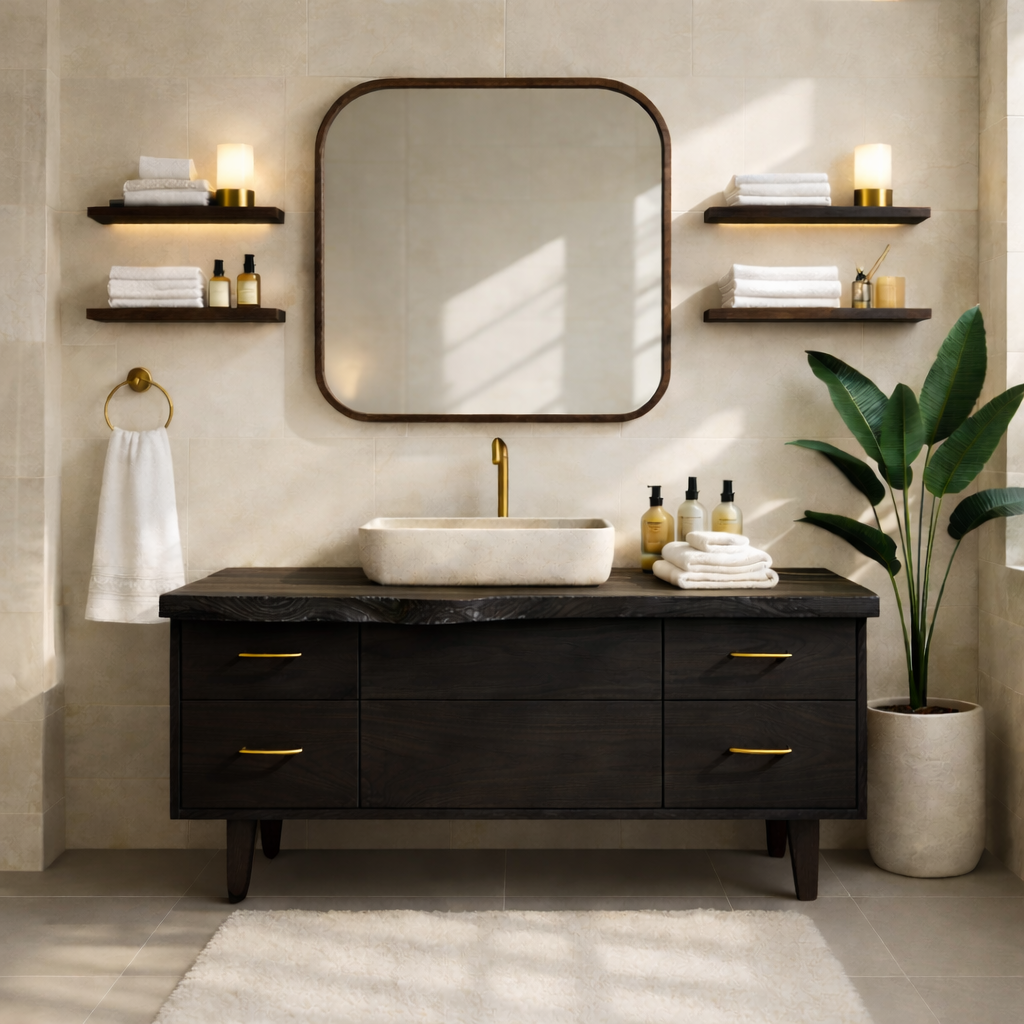 Modern Solid Wood Bathroom Vanity Cabinet With Drawers Mid-Century Style