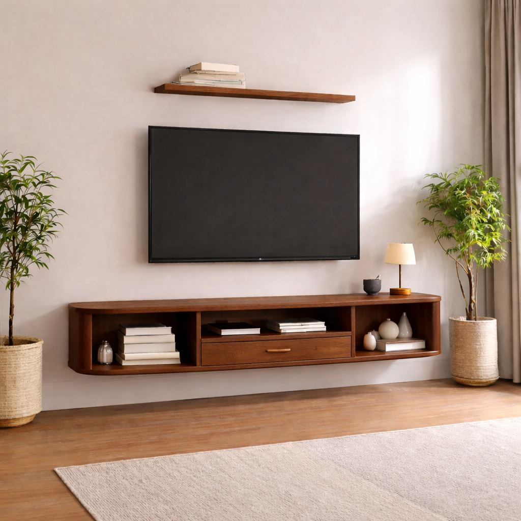 Floating Solid Wood TV Stand with Drawer and Open Shelves – Wall Mounted Media Console