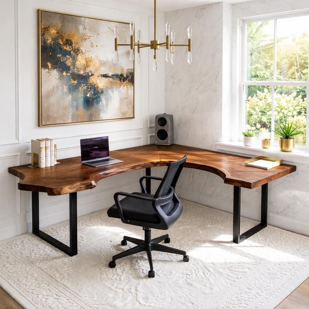 Live Edge L Shaped Desk Corner Wood Office Table Modern Workspace Desk