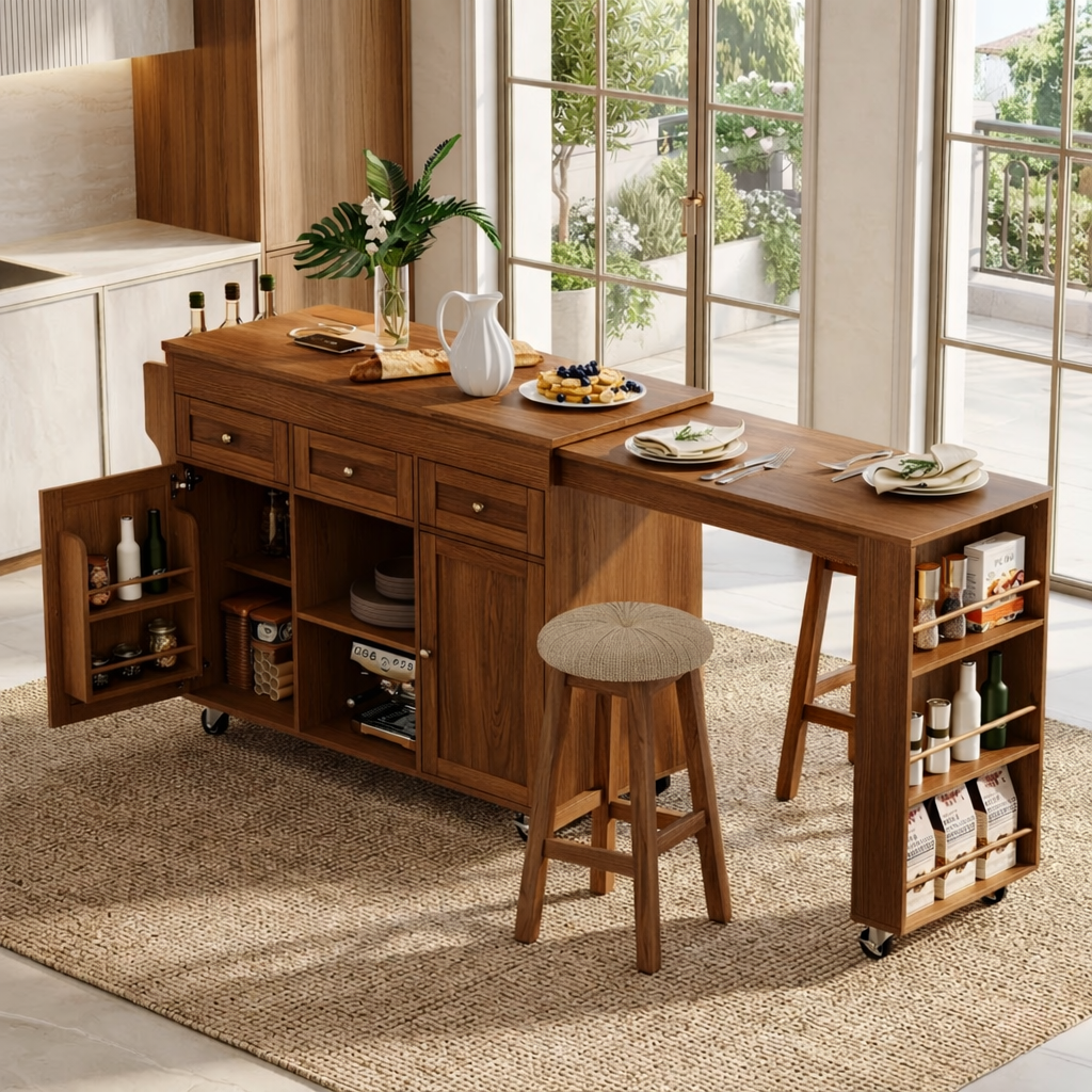 Rolling Kitchen Island with Extendable Dining Table, Storage Cabinet, Modern Prep Cart for Home
