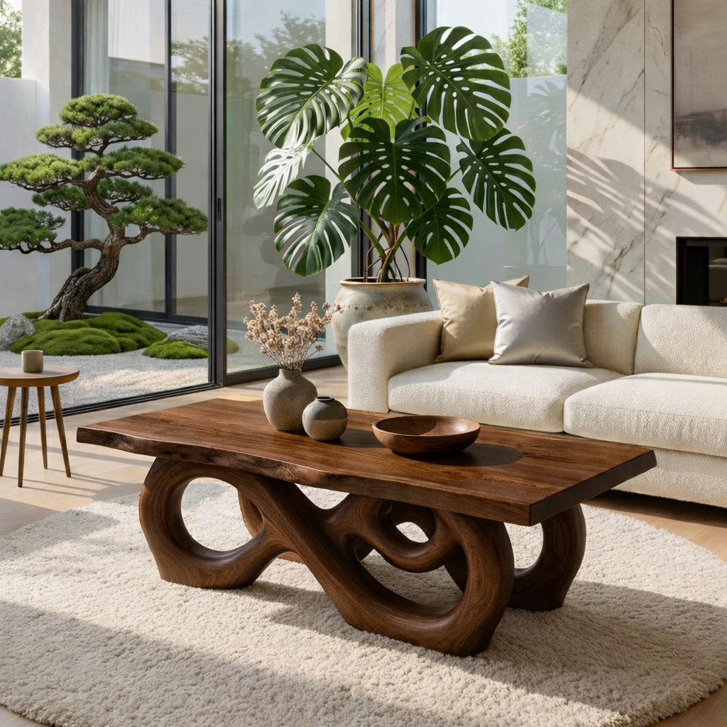 Sculptural Solid Wood Coffee Table with Artistic Carved Base, Modern Living Room Table