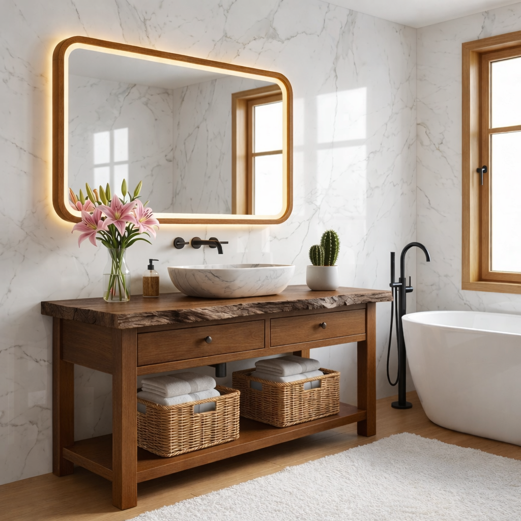 Modern Wooden Bathroom Vanity with Marble Sink and LED Mirror