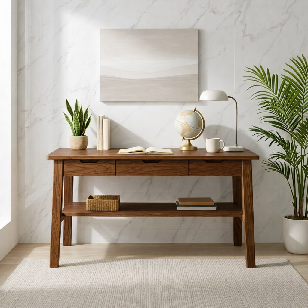 Mid-Century Modern Wood Desk with Drawers Storage Writing Desk Minimalist Home Office Table