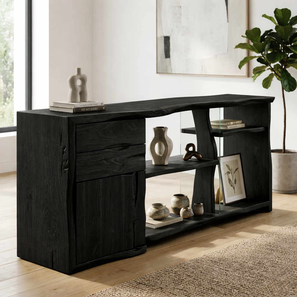 Live Edge Solid Wood Console Cabinet - Modern Rustic Sideboard with Glass Shelving