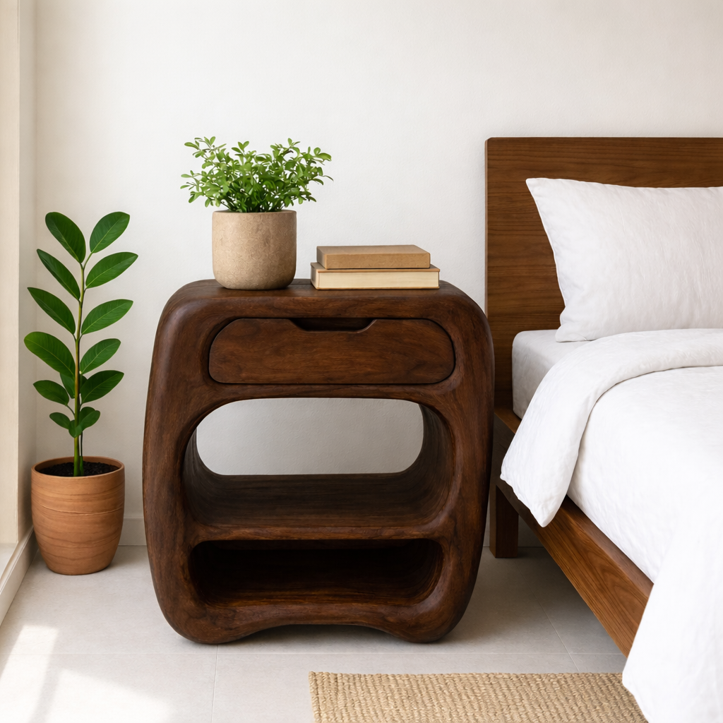Curved Solid Wood Nightstand with Drawer and Open Shelves - Natural Finish
