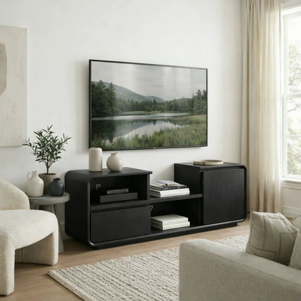 Solid Wood Media Console with Rounded Edges, Modern TV Stand with Storage Cabinet