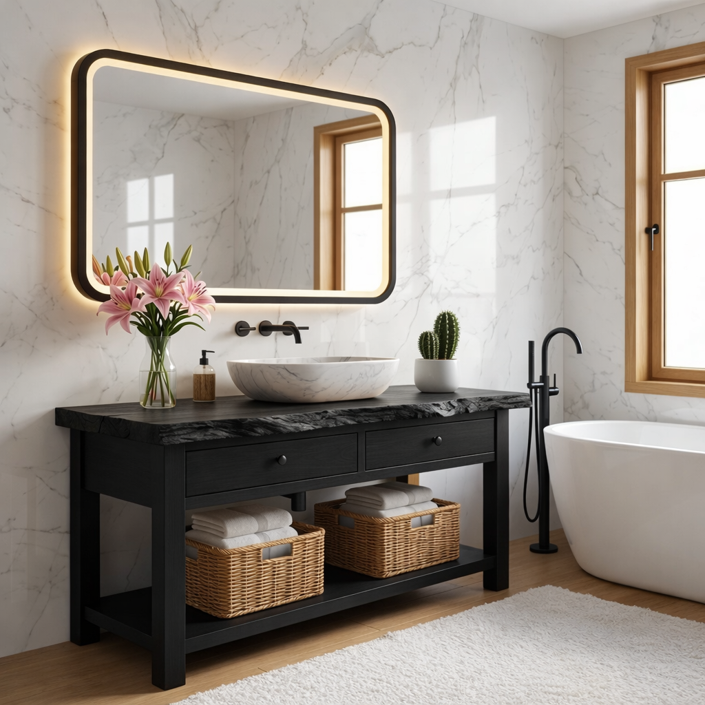 Modern Wooden Bathroom Vanity with Marble Sink and LED Mirror