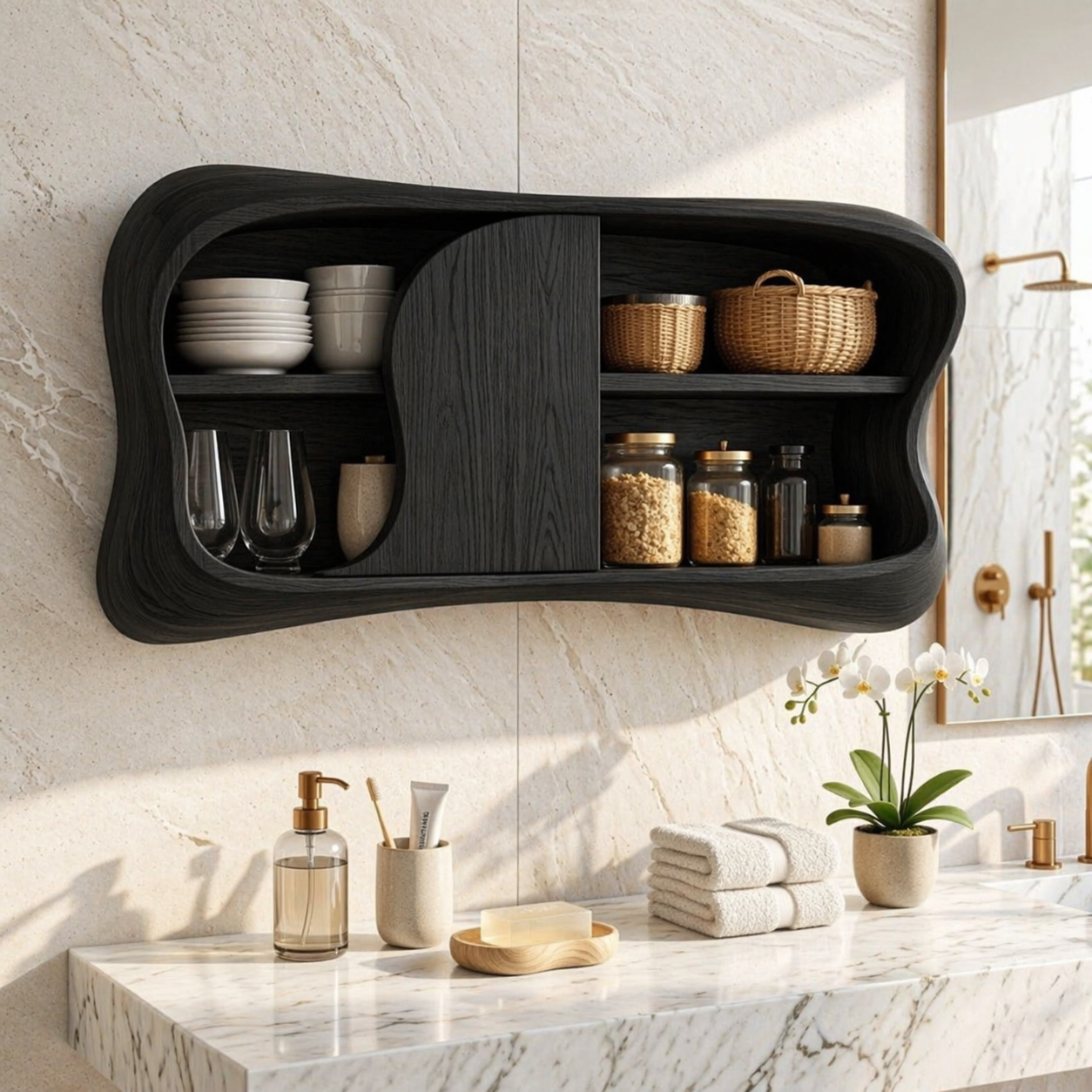 Floating Bathroom Cabinet, Modern Organic Wall Mounted Vanity Storage Organizer Unit