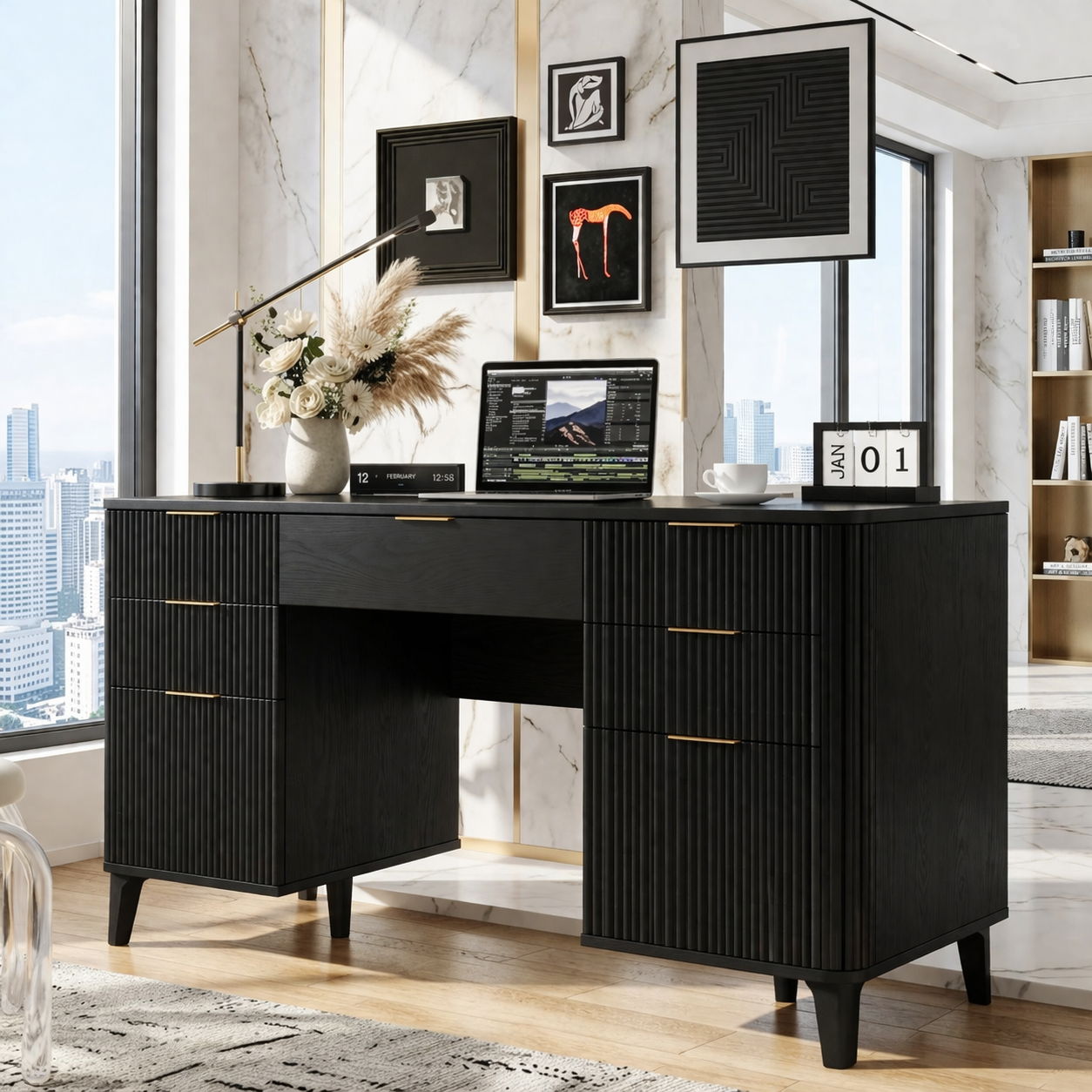 Modern Fluted Executive Desk with Drawers, Large Minimalist Home Office Writing Table