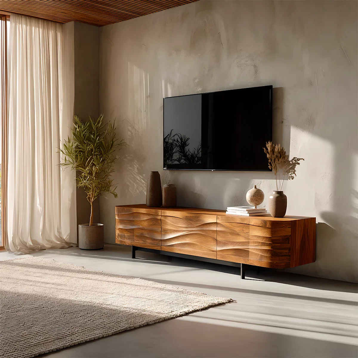 Solid Wood TV Stand Modern Walnut Media Console with Wave Front Design